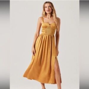 ASTR Pleated Bustier Elegant Gold Maxi Split Dress- Size M